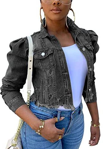 Omoone Women's Ripped Puff Sleeve Denim Crop Top Long-Sleeve Cropped Jean Jacket