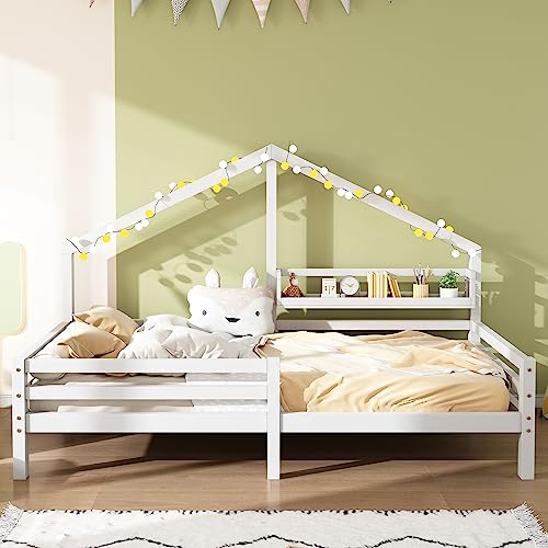 Moimhear Hausbett Kinderbett mit Ablageregal Kaminform,Vollholz mit Zaun und Lattenrost, mit Rausfallschutz für Kinder- und Jugendzimmer 90x200 Weiß (Weiß)