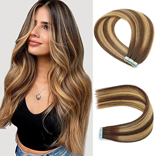 JESSBO Tape in Extensions Echthaar #T4/P4/27 Schokolade Braun Mxied Karamell Blond 40cm 20 Stück Invisible Seidig Gerade Remy echthaar haarverlängerung echthaar invisible tape extensions (50g/Packung)