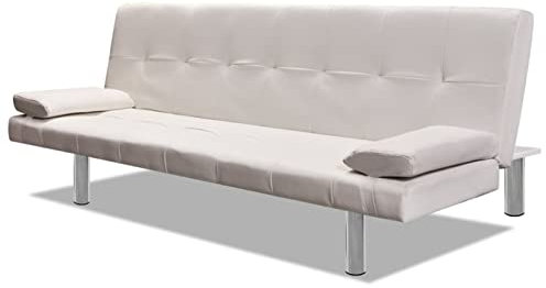 Homgoday Schlafsofa mit 2 Kissen Schlafcouch Bettsofa Sofabett Gästebett Sofa Couch mit Bettfunktion Bettcouch für Wohnzimmer Schlafzimmer Gästezimmer Kunstleder Ausziehbar Cremeweiß