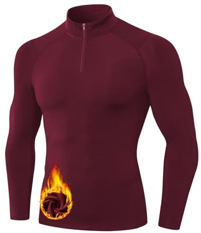 Sillictor Thermal Tops for Men Long Sleeve 1/4 Fleece Lined UPF 50+ Ski Cycling Running Base Layer Mens Compression Tops Moisture Wicking Football Training Golf Hiking Sports T Shirts,1517 Red L