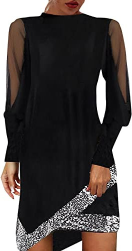 Women's Long Sleeve Tulle Patchwork Shiny Sequin Asymmetric Hem Evening Dress - Turtleneck Slim Fit Plain Round Neck Tunic Stylish Casual Ball Swing, Black, M