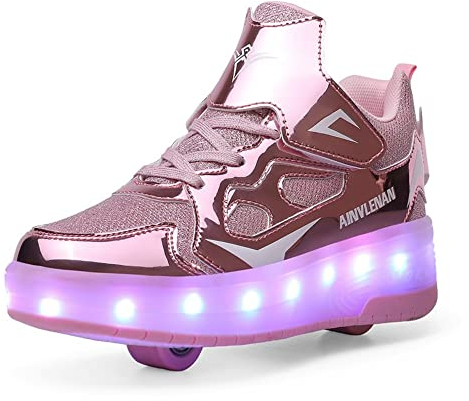 HUSKSWARE Kinder-Sneaker, 2-Rad-Skateboard-Schuhe, verstellbares Farbwechsellicht, USB-Aufladung, universell für Jungen und Mädchen,Rosa 34 EU