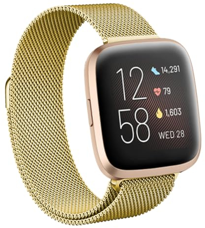 Edelstahl Armband kompatibel mit Fitbit Versa 1/Versa 2 Armband,Metallarmband Sport Ersatzband Uhrenarmband mit Magnetschließe für Fitbit Versa 2/Versa 1 Milanaise-Armband Frau Mann,Gold,S