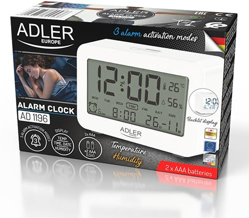 ADLER Batteriebetriebener Wecker, beleuchtetes Display, betrieben mit 2 AAA-Batterien