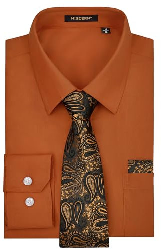 HISDERN Men's Brown Dress Shirt and Tie Set Regular Fit Formal Business Shirts Long Sleeve Casual for Office Wedding L