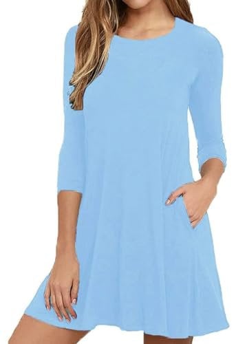 Anelune Womens Dress 3/4 Sleeves A-line Dress Casual Tshirt Mini Dress with Pockets Light Blue Large