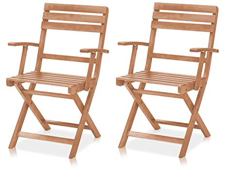 KHG Balkonstuhl 2er-Set, 110 kg, braun, vielseitig einsetzbar, für Zuhause | mit Armlehnen 100% Eukalyptus-Echtholz, klappbar, wetterfest, 8-fach verstellbare Rückenlehne, Gartenstuhl, Klappstuhl