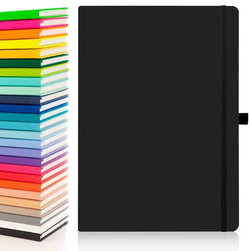 Notes London Taccuino ecologico A4 con pagine a righe, passante per penna, nastro, segna data e tasca per carta, diario tascabile con copertina rigida, note, carta di provenienza sostenibile (nero)