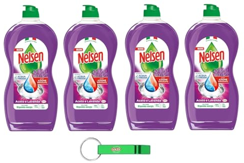 4x Nelsen Lavanda, Detersivo per Piatti - Geschirrspülmittel Lavendel und Essig - Entfettet gründlich und wirkt erfrischend auf das Geschirr 850ml + Beni Culinari Kostenloser Schlüsselanhänger