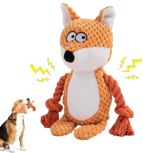 SHOKUTO Dog Toy for Puppy Small Medium Large Breeds, Squeaky Plush Fox With Rope Legs, Interactive Tug Toy for Boredom, Durable Stuffed Toy, Birthday Gift