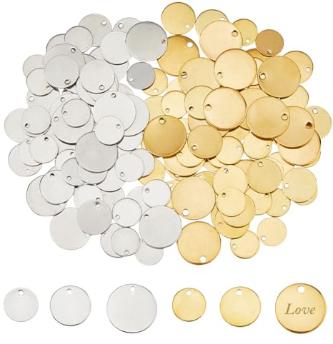 DICOSMETIC 140 Stück 2 Farben Blank Stamping Tag 10/12/15mm Flache Runde Edelstahl Anhänger Stanzen Glatte Gravieren Blanko Tags für Armbänder Halsketten Schmuckherstellung (Gold & Edelstahlfarbe)