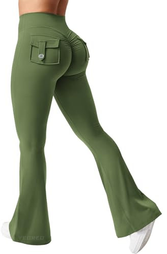 YEOREO Damen Flare Leggings mit Pockets Scrunch Butt Sport Leggings Hohe Taille Bootcut Leggings Workout Gym Yoga Casual Olive Green L
