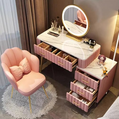 Toilette Set Trucco con Sgabello,Toeletta Trucco Prese Led Specchio Regolabili, Tavolo da Trucco con 5 Cassetti in Legno Massiccio, Postazione da Trucco con Sedia in Velluto (Rosa, 80cm)
