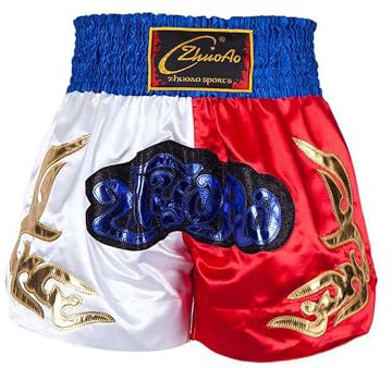 Miaeowve Shorts de Boxe Thaï pour Enfants Garçon Fille Short Muay Thai MMA Kickboxing Pantalon Court Fitness Training Fight Short Sport Fitness Musculation 5-16 Ans Bleu et Blanc et Rouge 7-8 Ans