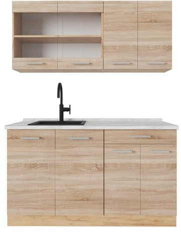 Vicco Single küche R-Line, Küchenzeile Single, Sonoma/Goldkraft Eiche, 140 cm, AP Marmor