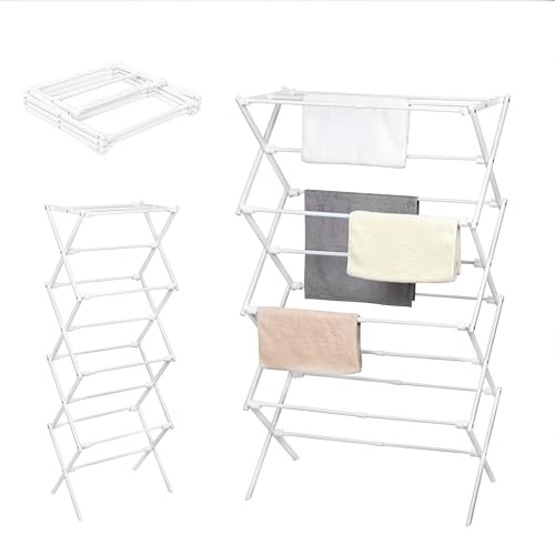 LOFTEY 4 Tier Extendable Clothes Airer, Foldable Clothes Drying Rack, White | Expands from 45 to 76 cm, 8.8 m Total Drying Space, Folds Flat for Easy Storage, Ideal for Indoor & Outdoor Use