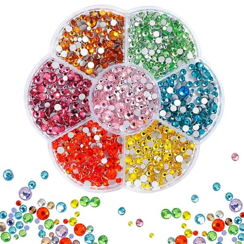 Hurifeng 7er Set Flache Strasssteine in Blumenbox – 3500 Kristall Strasssteine für DIY Nageldesign, Schmuck Basteln, Mode & Textilien – 7 Größen SS4-SS20, (Bunt)