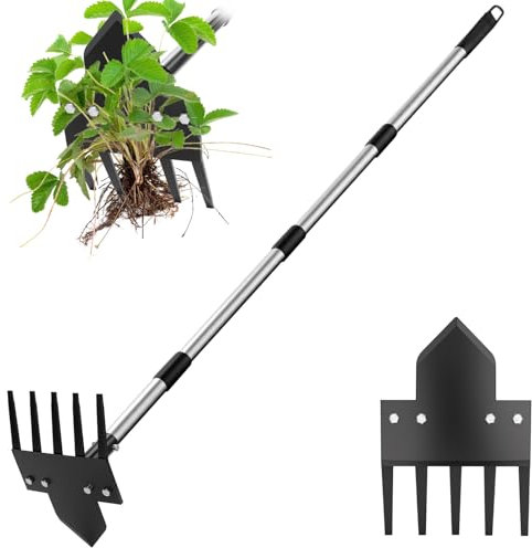 Poiyham Binette de jardin, outil d'arrache-mauvaises herbes de 43,2 à 147,3 cm avec long manche, râteau manuel 2 en 1 et houe de jardin pour le désherbage, outil de désherbage robuste pour cour