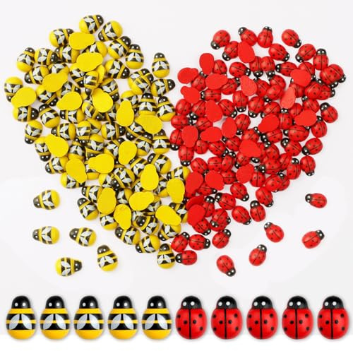 Notoke 200 Stücke Marienkäfer und Bienen Deko Set, 100 Holzmarienkäfer und 100 Bienen aus Holz, Mini Holz Marienkäfer Deko, für DIY Handwerk Basteln Scrapbooking Party Hochzeit Dekoration(Rot, Gelb)