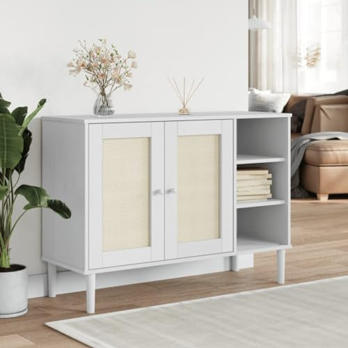 ZQQLVOO Massives Kiefernholz Sideboard mit Rattan-Optik, 5 Fächer & 2 Türen Beistellschrank für Stauraum, Wiener Geflecht Kommode im Retro-Boho Design, UV-lackiert, stabil