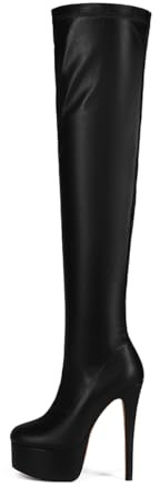 Feinlina Noir Femmes au-dessus du genou Talon Stiletto Plateforme Bottes de nuit Sexy Mode Cuir Cuisse Bottes hautes, Noir , 43 EU