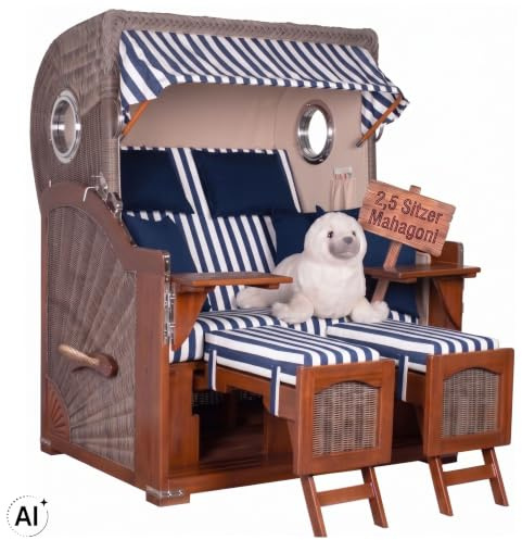 MR. DEKO Strandkorb XXL Düne Grande 2,5-Sitzer-Strandkorb | Mahagoni Holz PE-Geflecht Grey | Bullauge-Design | Volllieger wetterfest |Dessin 518 (Blau Weiß Gestreift)