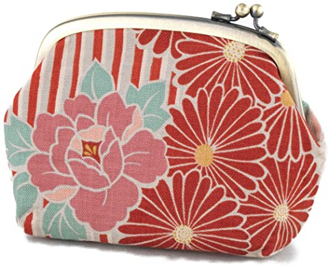 Pochette Porte Monnaie Femme Retro Fleur avec Fermoir Rouge Coton Clic Clac Petit Poche Portefeuille Pochette Japonaise