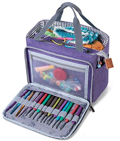Luxja Handarbeitstasche Häkeln, Garn Aufbewahrung, Tasche Stricken für Unvollendete Projekte, Häkelnadeln und Anderes Zubehör (Kein Zubehör Enthalten), Lila