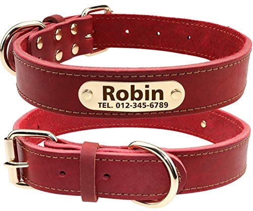TagME Personalised Leather Dog Collars, Thick Genuine Leather, Laser Engraved Nameplate, Clear On Collar ID Tags, Fits Large Dogs, Coral Red