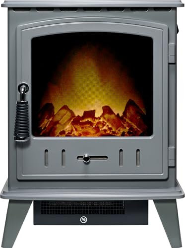 Adam Aviemore Electric Stove in Grey Enamel with LED Flame Effect, Realistic Log Bed, 0.9kW - 1.8kW Heat Output