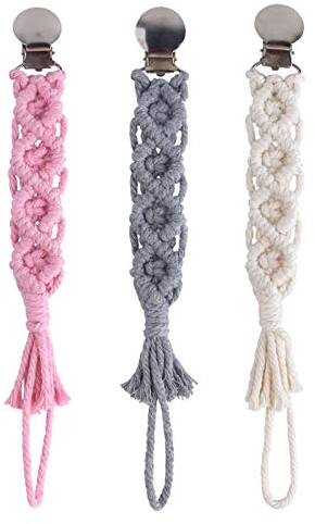 Schnullerkette Baumwolle 3er Pack Schnullerband Baby Schnullerketten Clips für Neugeboren Mädchen und Jungs (Beige + Pink + Grau)