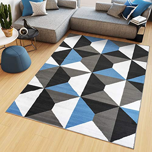 TAPISO Maya Kollektion Teppich Kurzflor Grau Weiß Blau Modern Geometrisch Vierecke Figuren Design Wohnzimmer Schlafzimmer Büro ÖKOTEX 250 x 350 cm