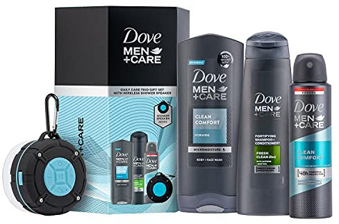 Dove Men+Care Daily Care Including Clean Comfort Deodorant and Shower Gel with a Bluetooth Shower Speaker Trio Gift Set Festive Gifts for Men Piece of 3