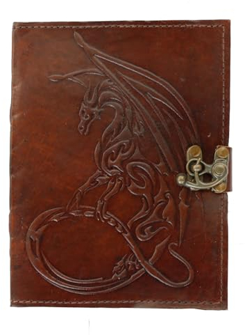 jaald 18 cm Drachen Leder Blank Grimoire Leder Tagebuch Buch der Schatten Zauberbuch Leder Tagebuch Tagebuch Notizbuch Skizzenbuch für Künstler, Braun, S
