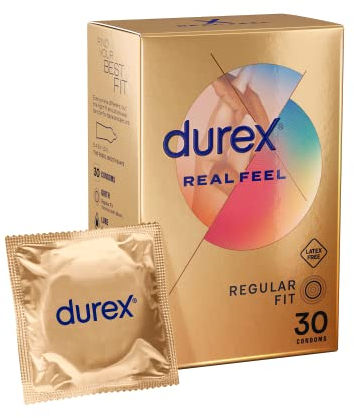 Durex Real Feel, 30 Condoms, Regular Fit, Latex Free Condoms, Extra Silicone Lube, Easy On Shape, Teat Ended