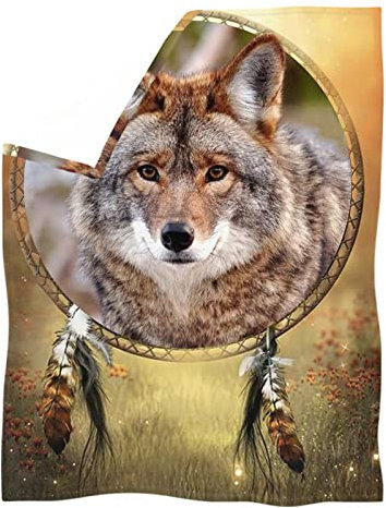 HUGS IDEA Wolf Überwurf, weich, warm und kuschelig, Pastarol Feld, Wolf, niedliche Wölfe, Traumfänger, Mikrofaser, Kunstfell, Decke für Sitzsack, Sofa, Stuhl - XL