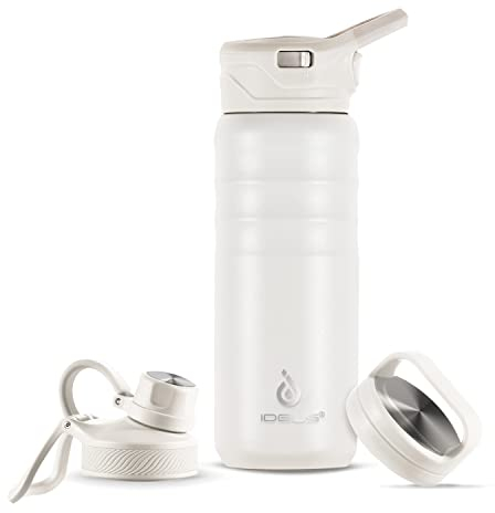 IDEUS Vacuum Insulated Water Bottle, Stainless Steel Double Wall Flask Metal Sports Canteen with Leak-Proof Screw Cap (White, 18oz (540ml))