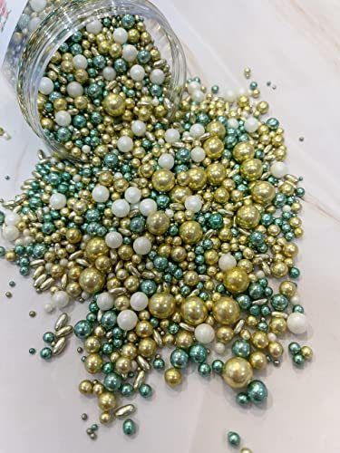 Metallic/Shimmer Balls Edible Cupcake Cake Topper Sprinkles (90G Tub) (Green and Gold Mix)