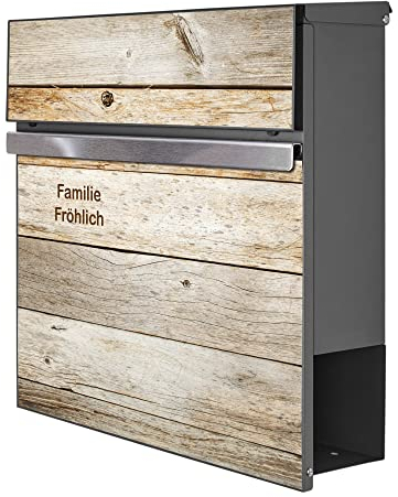 banjado® Briefkasten personalisiert Anthrazit mit Motiv Graues Holz/Briefkasten mit Zeitungsfach 37x37x10,5 cm/Postkasten A4 Einwurf inkl. Montagematerial & 2 Schlüsseln