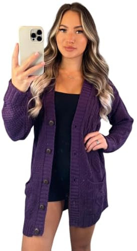 Crazy Fashion Women’s Long Sleeve Grandad Open Front Button Top Chunky Aran Cable Knitted Cardigan Ladies Sweater Winter Jumper Purple 20-22