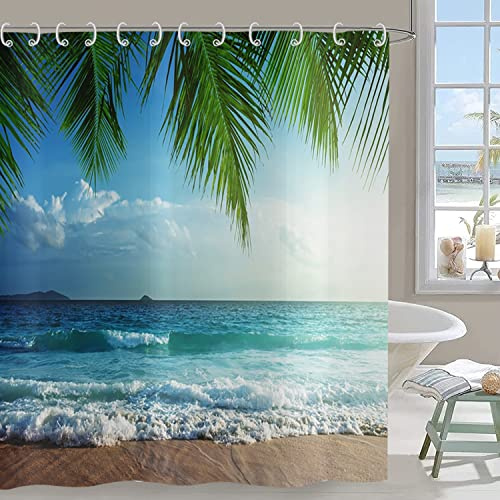 Hnmdmyi Rideau de Douche Océan Plage 180x200, Paysage côtier Vague de mer Feuilles de Palmier Tropicales Ciel Bleu Nature Scène Rideau de Baignoire Imperméable Tissu Polyester Lavable Rideau de Bain