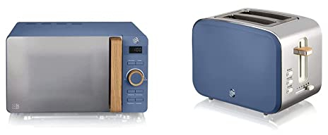 Swan 20L Nordic Digital LED Microwave, 6 Power Levels, Wood Effect Handle & Nordic 2 Slice Toaster, Blue, 900W, Soft Touch and Matte Finish, 6 Browning Levels
