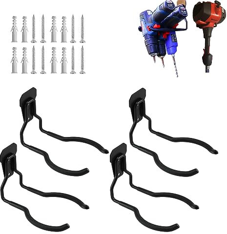Juformin Elektrowerkzeug-Aufhänger, Unkrautaufhänger, Garagen-Wandhaken, Unkrautvernichter, Rasentrimmer-Aufhänger, Allzweckhaken für Garagen-Werkzeug-Organizer und Aufbewahrung Schwarz-4 Stück