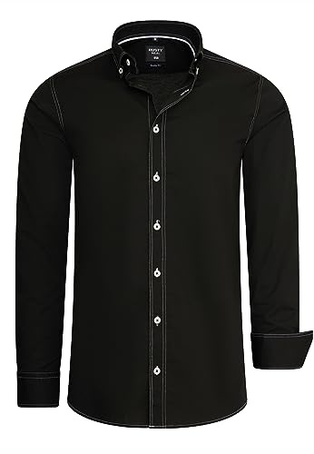 Rusty Neal Herren-Hemd Premium Slim Fit Langarm Stretch-Hemd mit Kontrast-Naht Freizeithemd 024, Farbe:Schwarz/Weiß, Größe S-3XL:L