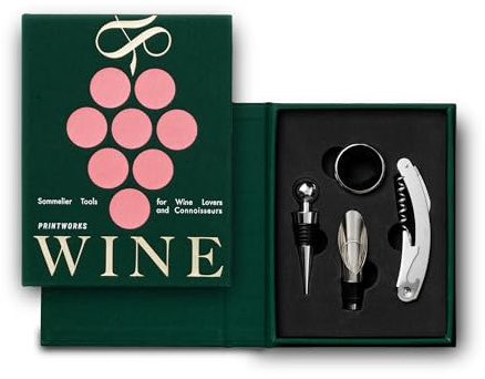 Printworks The Essentials, Wine Tools – Wine Bottle Opener, Stopper, Pourer & Collar Set in Elegant Book-Style Case