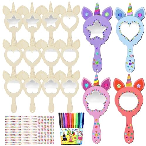 Einhörner Basteln,12 Stück Einhörner Handspiegel,Kindergeburtstag Basteln Herbst,Basteln Bastelset Kindergeburtstag Einhorn Geburtstagsdeko Bastelset,Kinderspiegel Herbst Basteln Bastelsets für Kinder