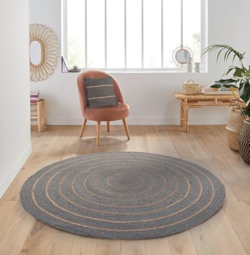 Atout Ciel - Alfombra Redonda (80 cm, algodón Trenzado, Efecto Yute Rayado), Color Gris