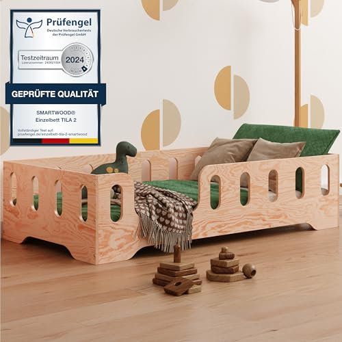smartwood Kinderbett Bodenbett 140x180 mit Rausfallschutz & Lattenrost - Holz - Kinder Montessori Bett TILA 2L mit glatten Kanten - Betten für schnelle Montage - Bis 300 kg belastbar