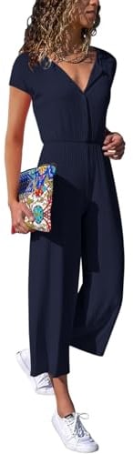 Cassiecy Jumpsuit Damen Elegant Kurzarm Playsuit V-Ausschnitt Casual Lose Overalls Lang Romper